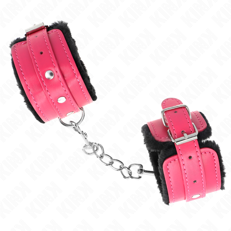KINK - PREMIUM HÅNDLEDSBELØB MED PELSFOREDE SORTE MED HINDBÆRROSE BÆLTE JUSTERBAR 17-29 CM X 6 CM