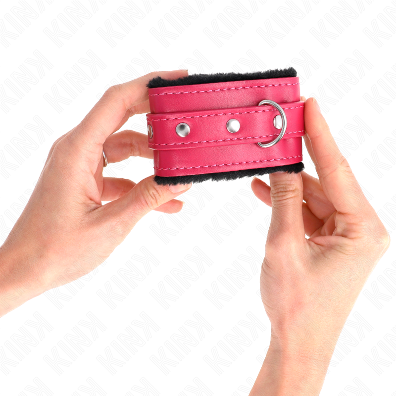 KINK - PREMIUM HÅNDLEDSBELØB MED PELSFOREDE SORTE MED HINDBÆRROSE BÆLTE JUSTERBAR 17-29 CM X 6 CM