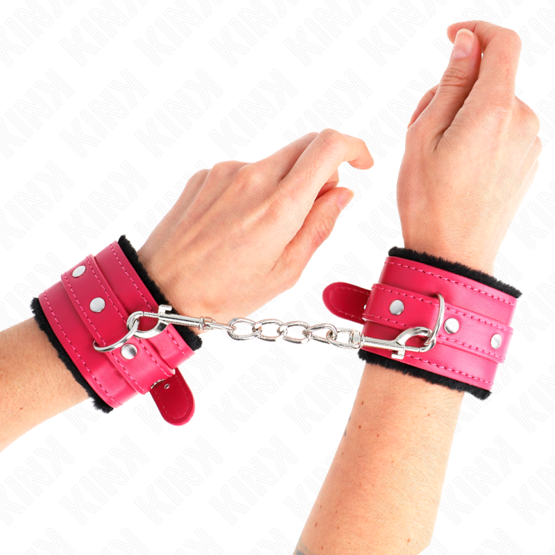 KINK - PREMIUM HÅNDLEDSBELØB MED PELSFOREDE SORTE MED HINDBÆRROSE BÆLTE JUSTERBAR 17-29 CM X 6 CM