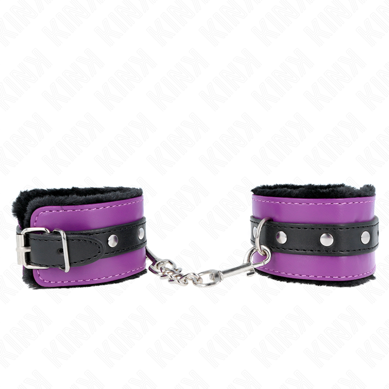 KINK - PREMIUM HÅNDLEDSBELØB MED PELSFOREDE SORT MED LILLA/SORT BÆLTE, JUSTERBAR 17-29 CM X 6 CM