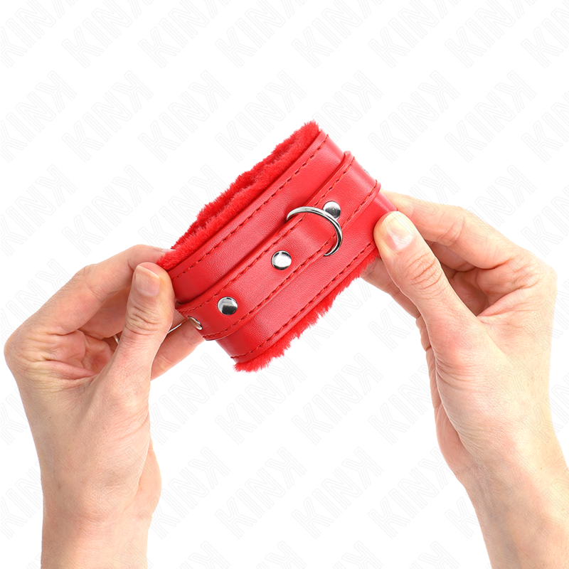 KINK - PREMIUM HÅNDLEDSBELØB MED PELSFOREDE RØDE MED RØDT BÆLTE, JUSTERBAR 17-29 CM X 6 CM