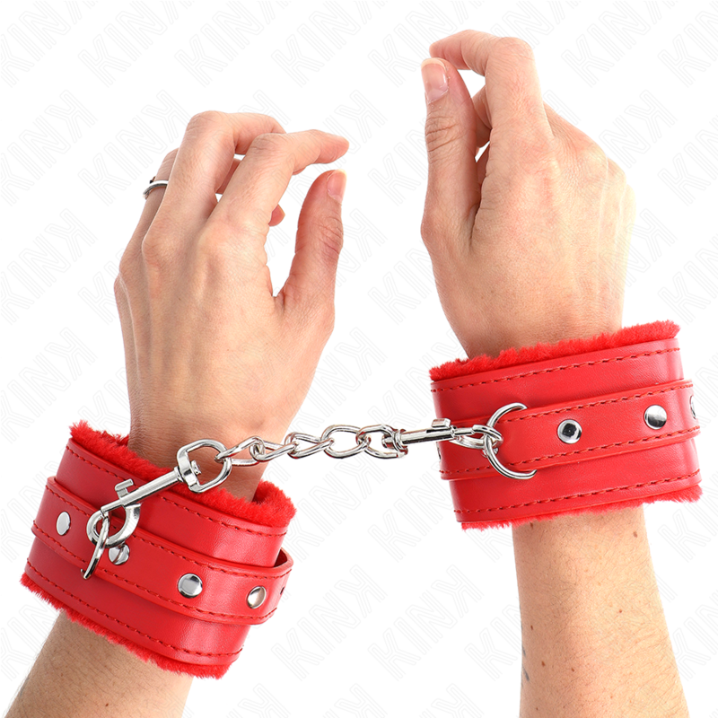 KINK - PREMIUM HÅNDLEDSBELØB MED PELSFOREDE RØDE MED RØDT BÆLTE, JUSTERBAR 17-29 CM X 6 CM