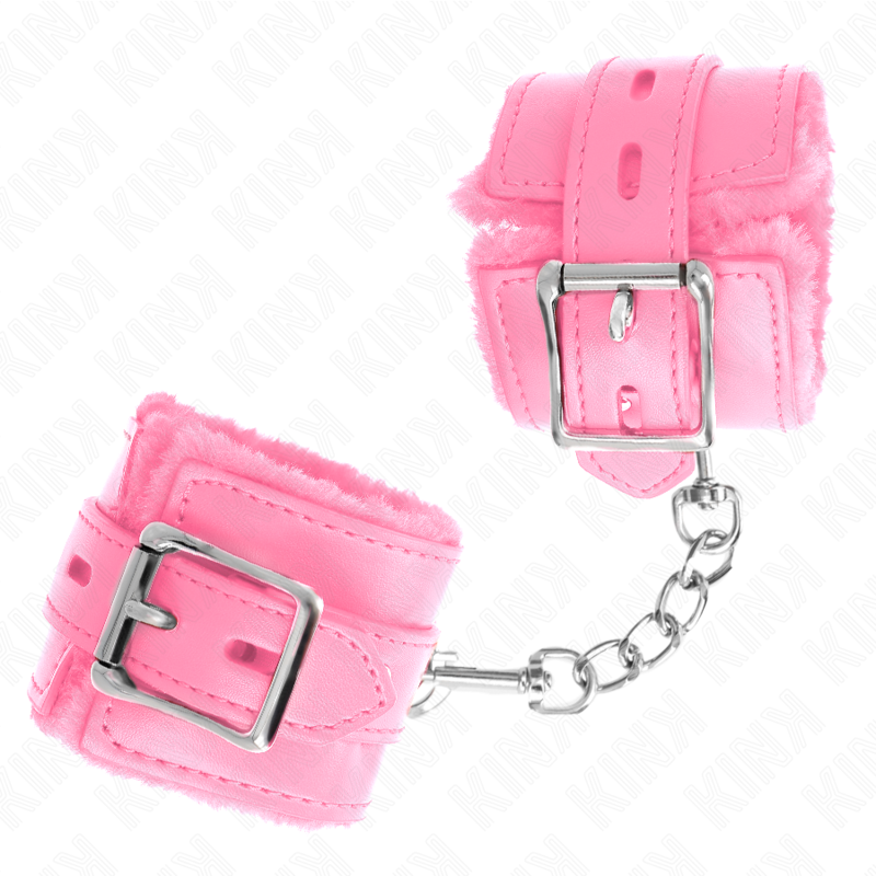 KINK - HÅNDLEDSBÅND MED PELSFOREDE FIRKANTEDE HULLER, PINK OG PINK BÆLTE, JUSTERBAR 17-29 CM X 6 CM