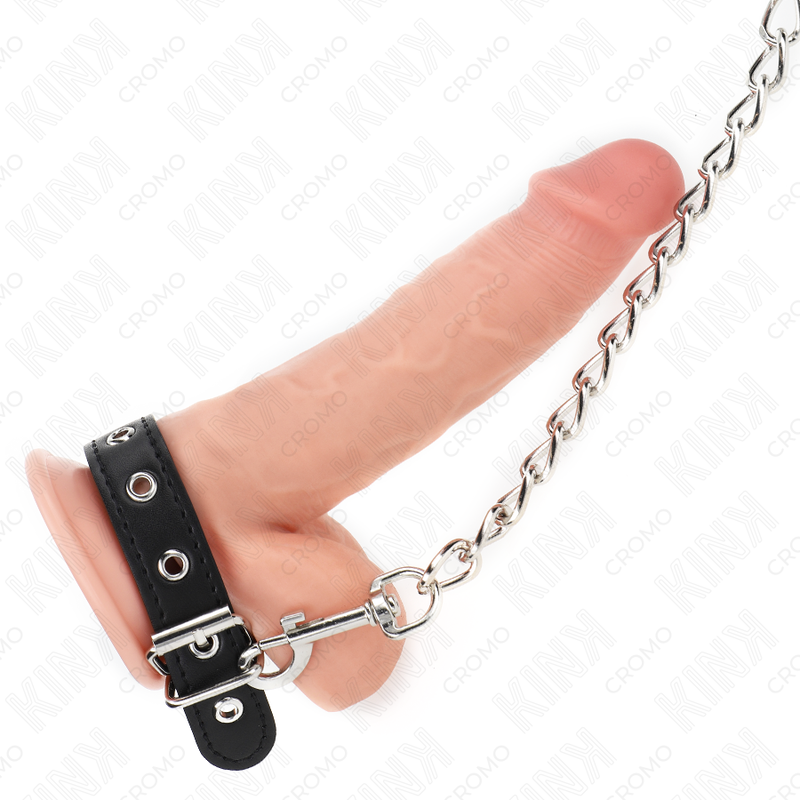 KINK - LÆDERPENISRING MED STROP 21,5 X 2 CM OG METALKÆDE 60 CM