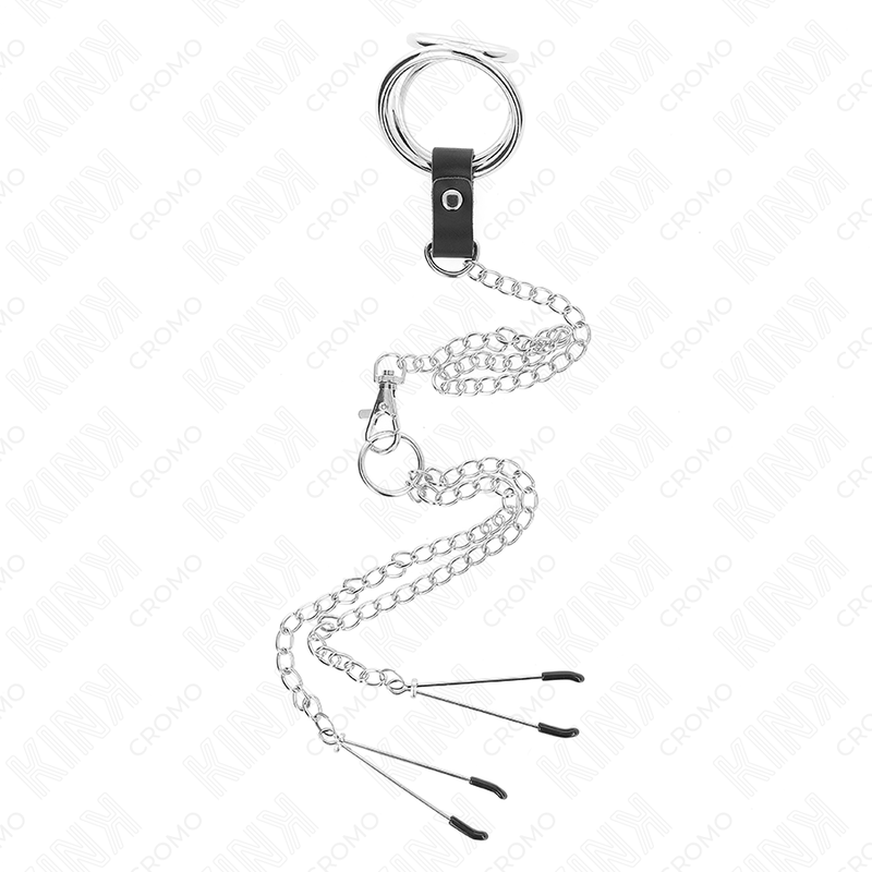 KINK - TRIPLE CHROME METAL PENIS RING 3 CM TIL 4,5 CM MED 26 CM METALKÆDE OG BRYSTVORTEKLIPPER