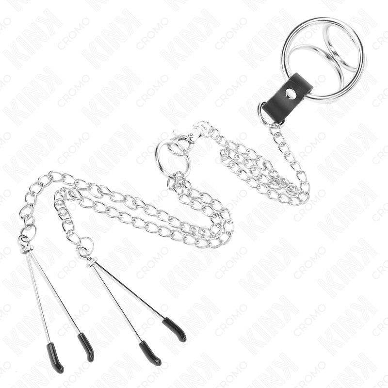 KINK - TRIPLE CHROME METAL PENIS RING 3 CM TIL 4,5 CM MED 26 CM METALKÆDE OG BRYSTVORTEKLIPPER