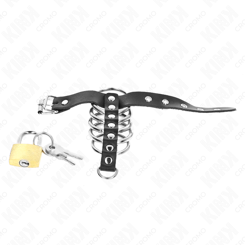 KINK - LÆDERPENISRING MED LÅSESTREM 21 X 2 CM OG 5 METALRINGE FRA 3 CM TIL 4 CM