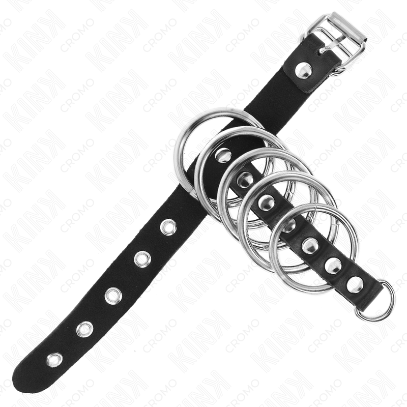 KINK - LÆDERPENISRING MED LÅSESTREM 21 X 2 CM OG 5 METALRINGE FRA 3 CM TIL 4 CM