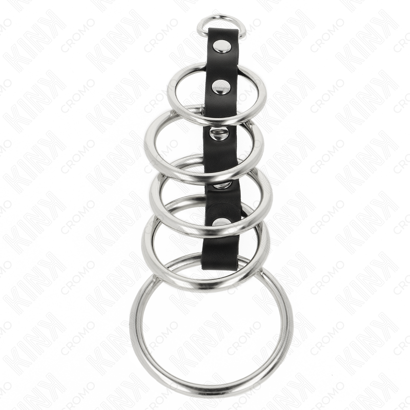 KINK - 5 METAL PENIS RINGE 3,2 CM TIL 5 CM FORBUNDET MED LÆDER