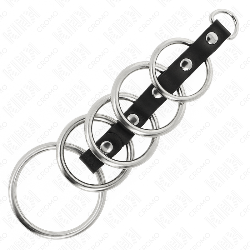 KINK - 5 METAL PENIS RINGE 3,2 CM TIL 5 CM FORBUNDET MED LÆDER