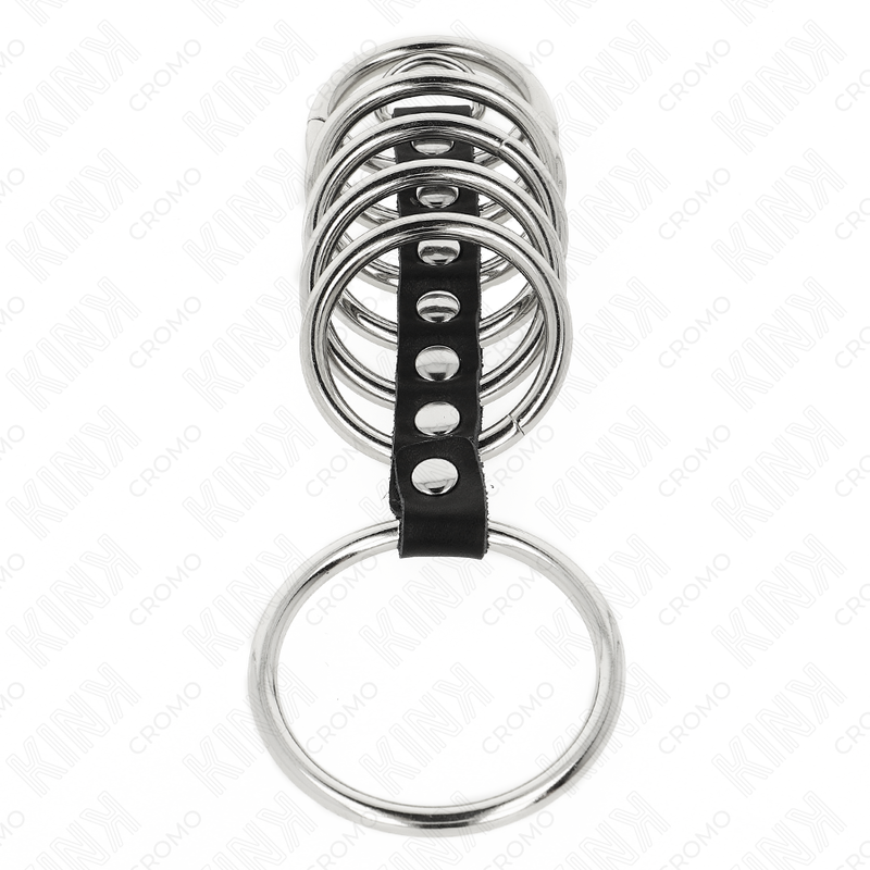 KINK - 7 METAL PENIS RINGE 3,2 CM TIL 5 CM FORBUNDET MED LÆDER