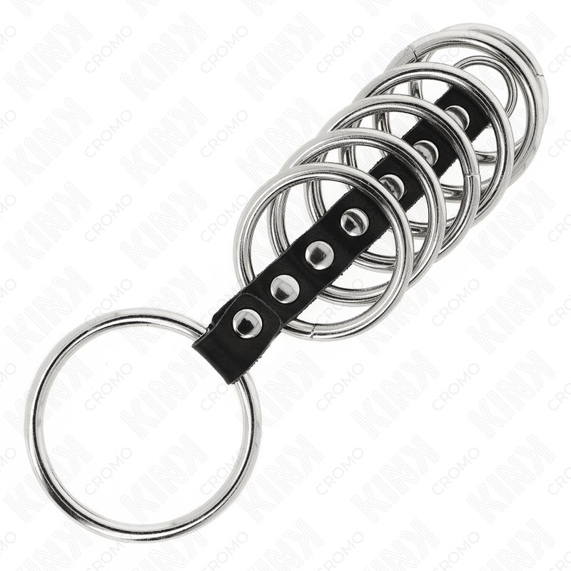 KINK - 7 METAL PENIS RINGE 3,2 CM TIL 5 CM FORBUNDET MED LÆDER