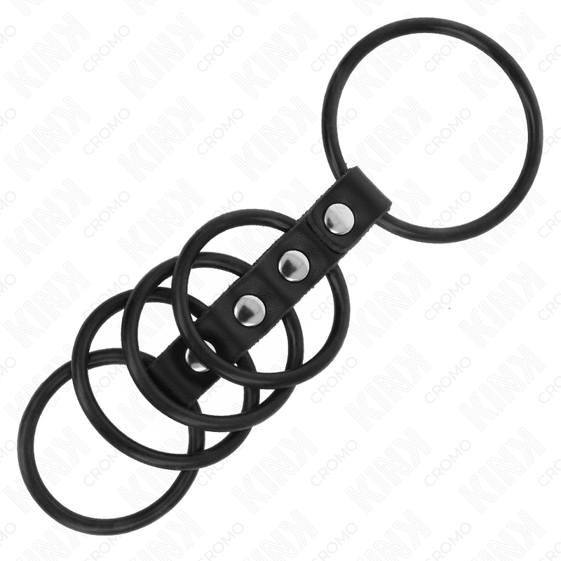 KINK - 5 SILIKONE PENISRINGE 3,8 CM TIL 4,8 CM FORBUNDET MED LÆDER