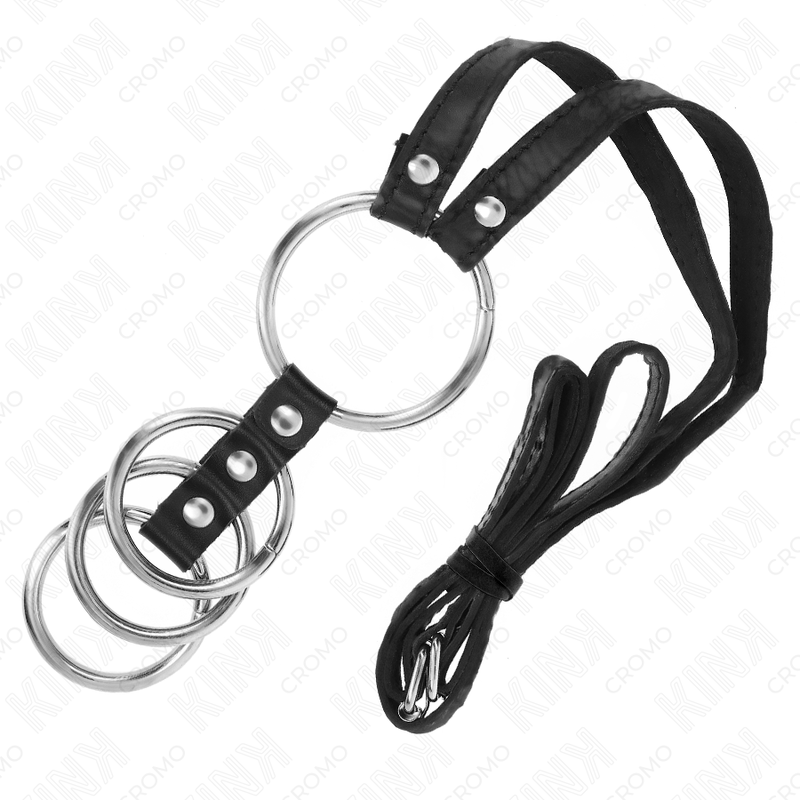 KINK - 4 FORBUNDNE METALPENISRINGE 3,8 CM TIL 5 CM MED LÆDERBÆLTE 112 CM
