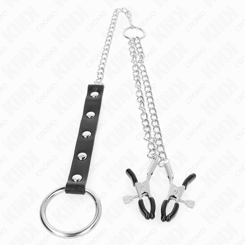 KINK - METAL PENIS RING MED KÆDE OG JUSTERBARE BRYSTØRTEKLEMMER