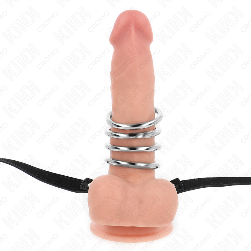 KINK - 5 PENISRINGE 3,8 CM TIL 5 CM METAL MED LÆDERBÆLTE 112 CM