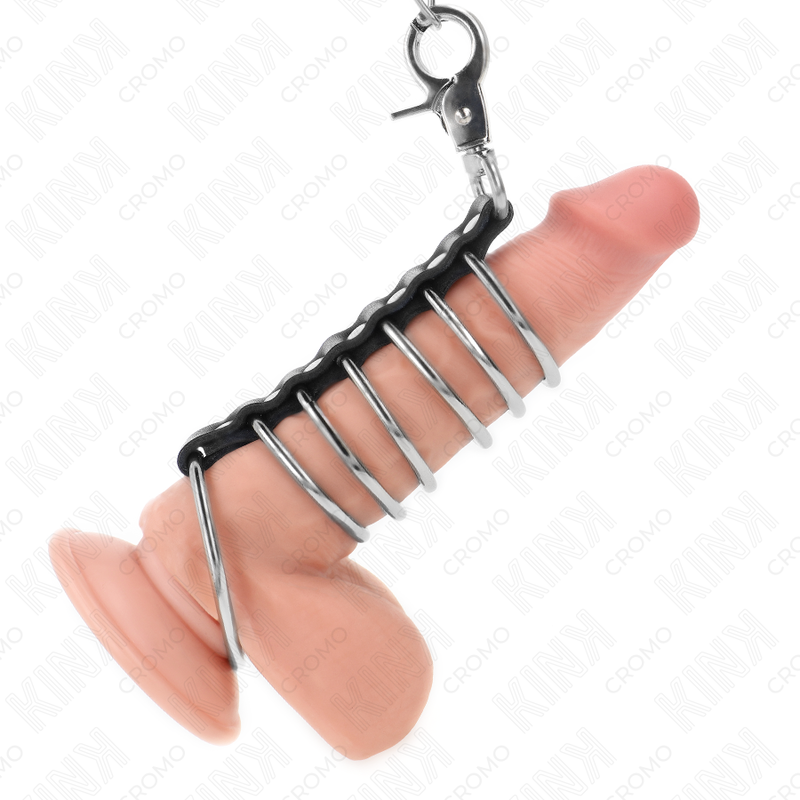 KINK - 7 METAL PENIS RINGE 3,8 CM TIL 5 CM FORBUNDET MED LÆDER OG METALKÆDE 100 CM