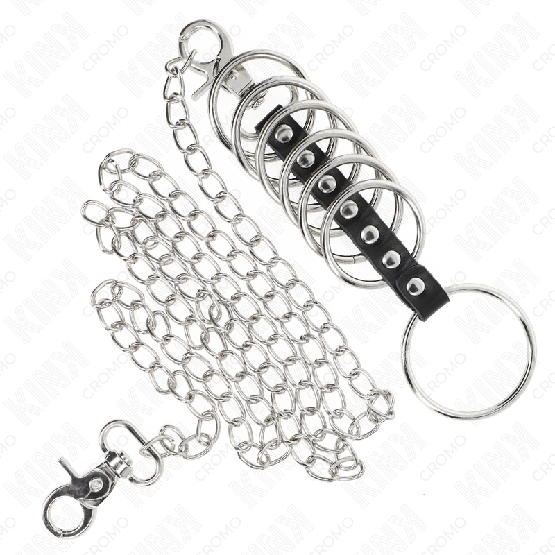 KINK - 7 METAL PENIS RINGE 3,8 CM TIL 5 CM FORBUNDET MED LÆDER OG METALKÆDE 100 CM