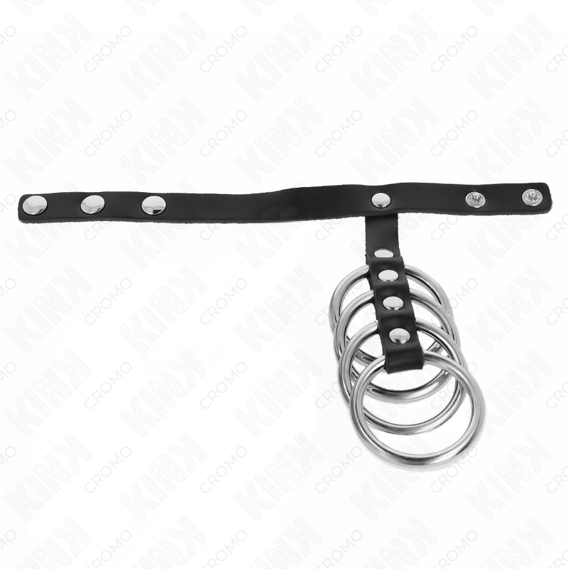 KINK - 4 METAL PENIS RINGE 3,8 CM FORBUNDET MED LÆDERREM 22 X 1,5 CM OG TRYKLUKNING