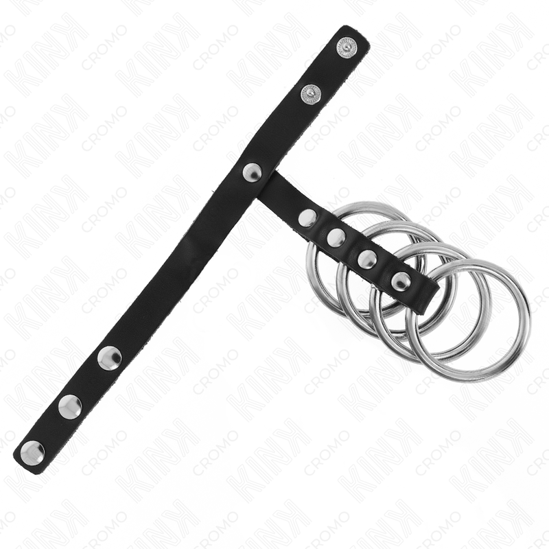 KINK - 4 METAL PENIS RINGE 3,8 CM FORBUNDET MED LÆDERREM 22 X 1,5 CM OG TRYKLUKNING