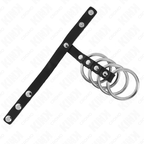 KINK - 4 METAL PENIS RINGE 3,8 CM FORBUNDET MED LÆDERREM 22 X 1,5 CM OG TRYKLUKNING