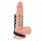 KINK - 4 METAL PENIS RINGE 3,8 CM FORBUNDET MED LÆDERREM 22 X 1,5 CM OG TRYKLUKNING