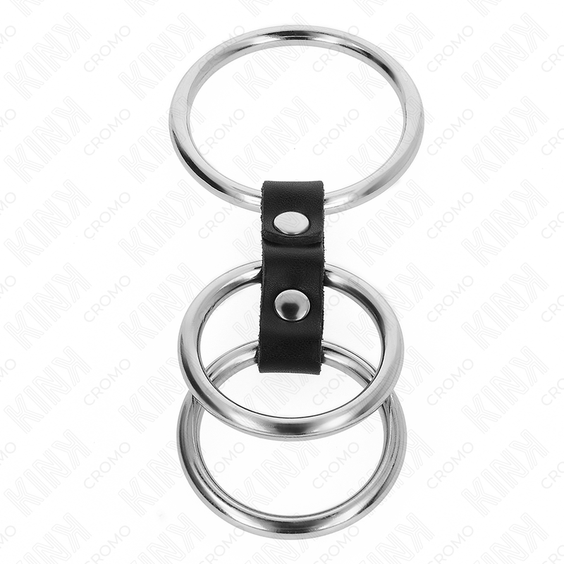 KINK - TRIPEL METAL PENIS RING 3,7 CM TIL 5 CM FORBUNDET MED LÆDER