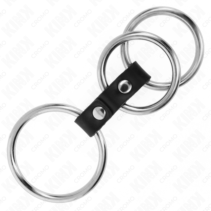 KINK - TRIPEL METAL PENIS RING 3,7 CM TIL 5 CM FORBUNDET MED LÆDER