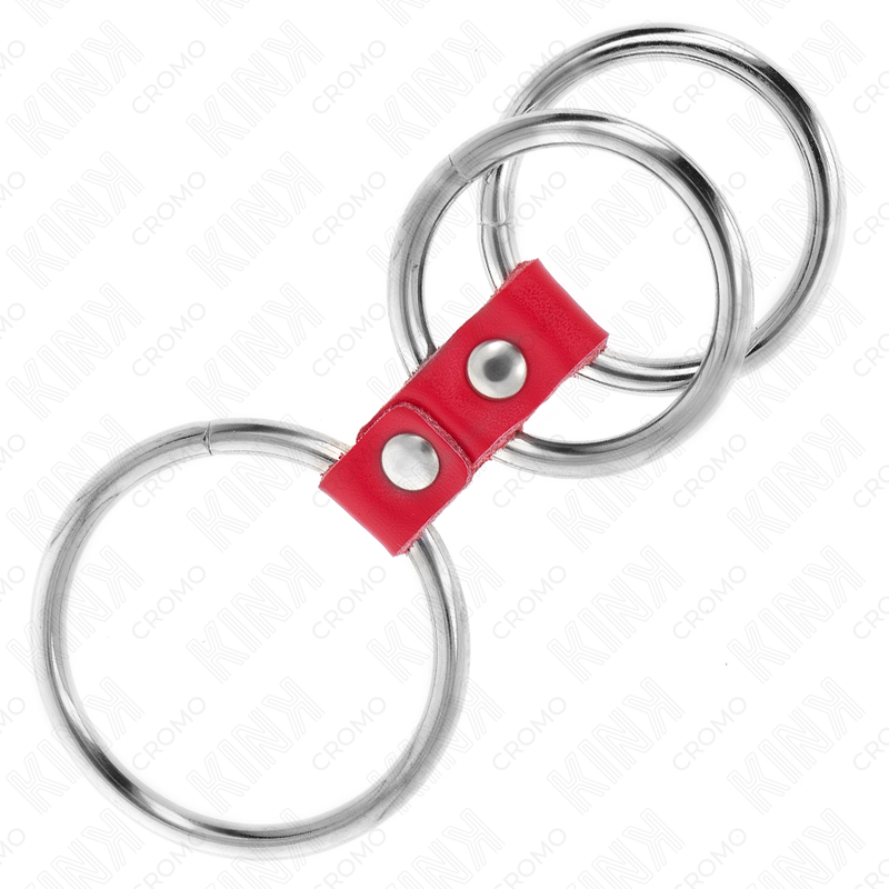 KINK - TRIPEL METAL PENIS RING 3,7 CM TIL 5 CM FORBUNDET MED RØDT LÆDER