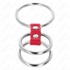 KINK - TRIPEL METAL PENIS RING 3,7 CM TIL 5 CM FORBUNDET MED RØDT LÆDER