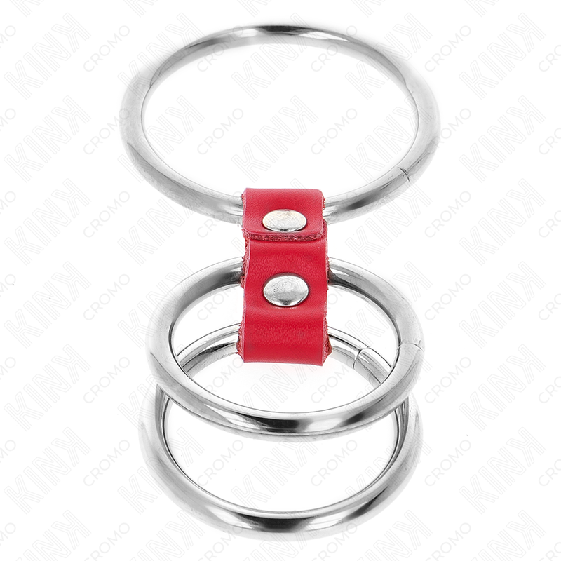 KINK - TRIPEL METAL PENIS RING 3,7 CM TIL 5 CM FORBUNDET MED RØDT LÆDER