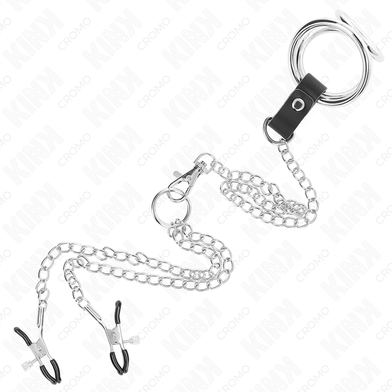 KINK - TRIPLE CHROME METAL PENIS RING 3 CM TIL 4,5 CM MED 26 CM METALKÆDE OG BRYSTVORTEKLIPPER