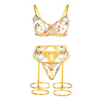 SUBBLIME - 954345 BRA + THONG + GARTER BELT FLORAL DESIGN YELLOW S/M
