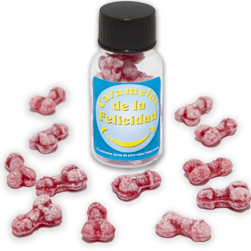 DIABLO PICANTE - GLAS MED 12 JORDBÆR/KIRSEBÆR HAPPY PENISFORMEDE SLIK