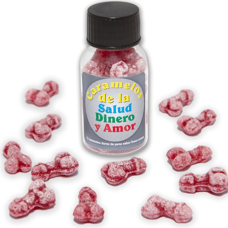 DIABLO PICANTE - 12 SUNDHED-PENGE-KÆRLIGHED SLIK PENISFORM JORDBÆR/KIRSEBÆR