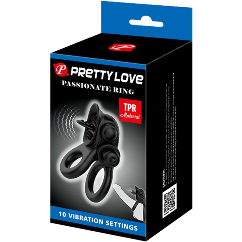 PRETTY LOVE - PASSIONATE RING DOBBELT VIBRERENDE RING + KLITORISSTIMULATOR SORT