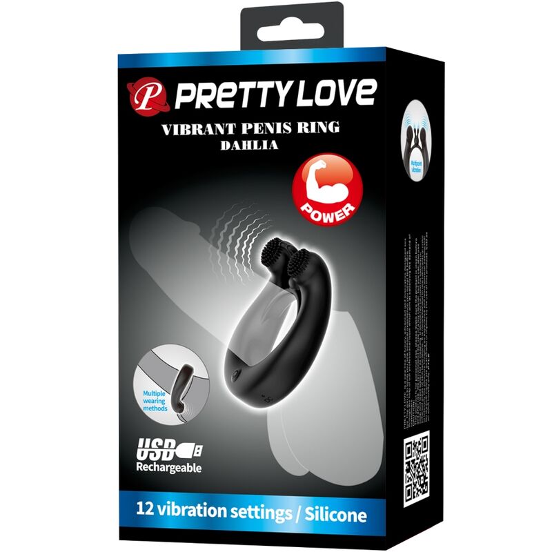 PRETTY LOVE - DAHLIA VIBRERINGSRING + KLITORISSTIMULATOR 12 VIBRATIONER SORT