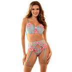 SUBBLIME - 957643 FLOWER EMBROIDERED BRA AND GARTER BELT SET PINK S/M