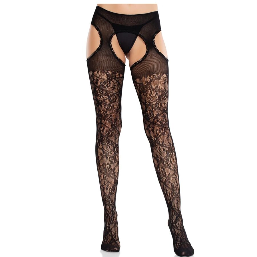 LEG AVENUE - BLOMSTERBELAGTE BLONDE STRØMPEKNOPPER MED HÅNDBÅND UNITED BLACK