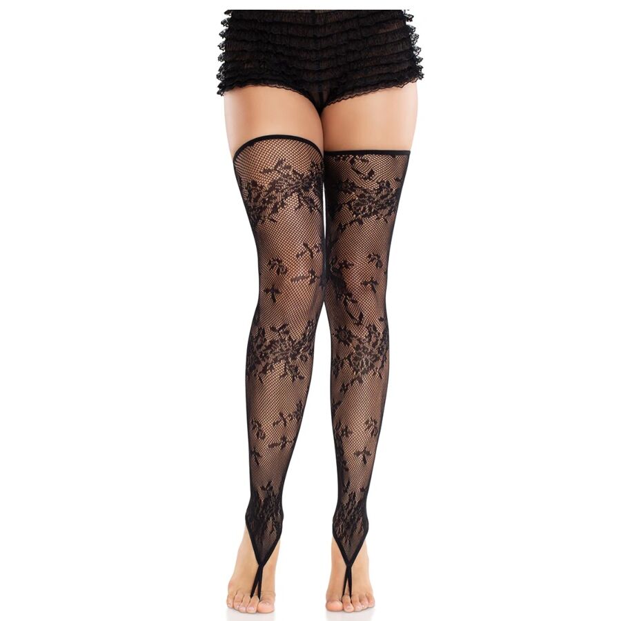 LEG AVENUE - BLOMSTERBELØSE STRØMPER MED BLONDE, SORTE