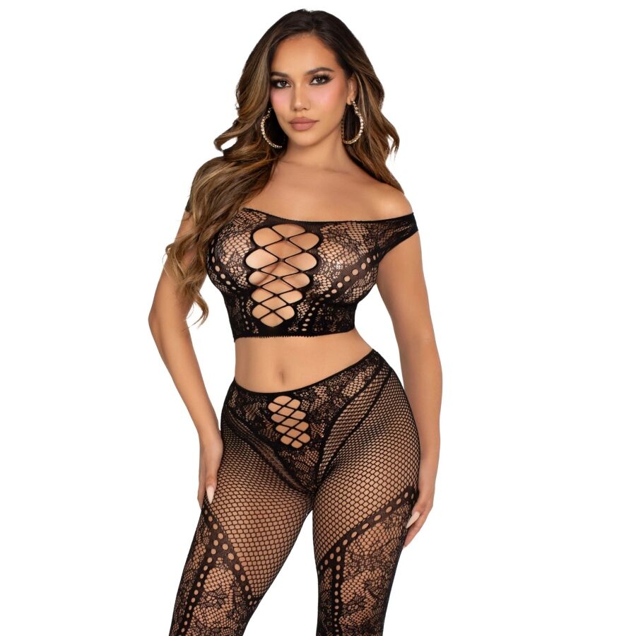 LEG AVENUE - CROP TOP OG FISHNET LEGGINGS MED BARE SKULDRE SORT