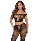 LEG AVENUE - CROP TOP OG FISHNET LEGGINGS MED BARE SKULDRE SORT