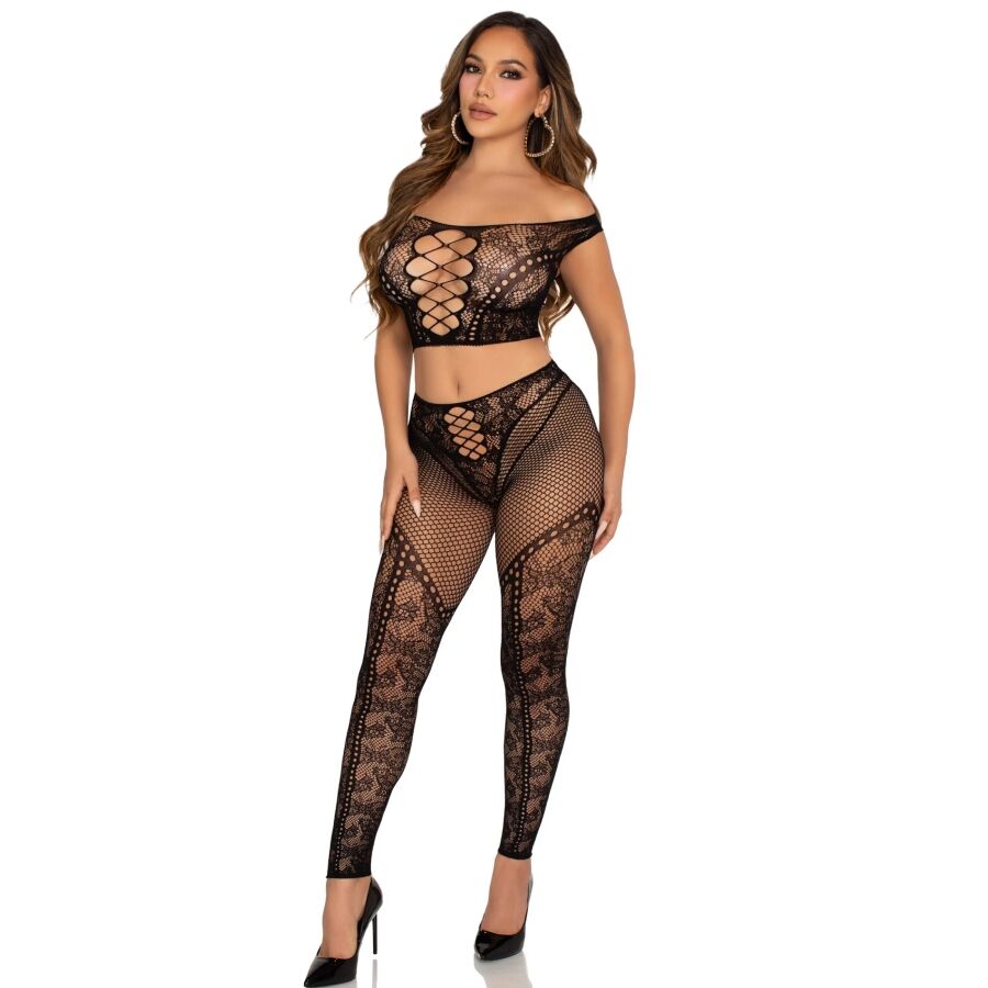 LEG AVENUE - CROP TOP OG FISHNET LEGGINGS MED BARE SKULDRE SORT