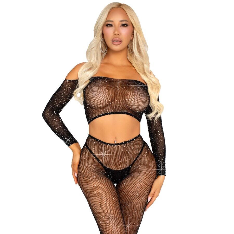 LEG AVENUE - CROP TOP OG FISHNET LEGGINGS MED RINSTSTEN I SORT