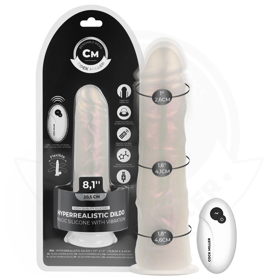 COCK MILLER - DILDO MED SUGEKOP, LYS OG VIBRATION MED FJERNBETJENING HVID 20,5 CM