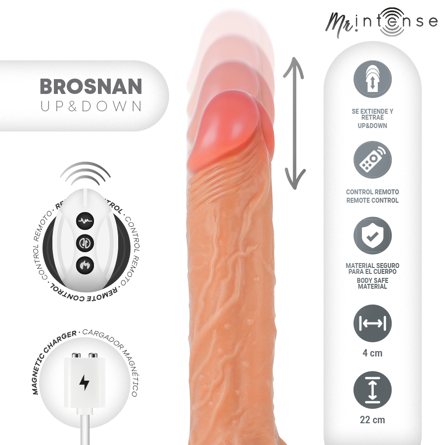 MR INTENSE - BROSNAN REALISTISK MULTIFUNKTIONEL MED VIBRATION, OP- OG NED-FJERNBETJENING, 22 CM - ELLER - 4 CM