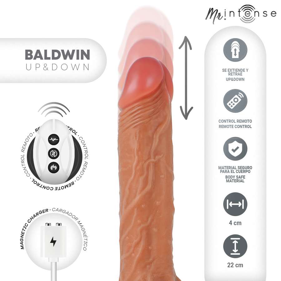 MR INTENSE - BALDWIN REALISTISK MULTIFUNKTIONEL MED VIBRATION, OP- OG NED-FJERNBETJENING, 22 CM - ELLER - 4 CM
