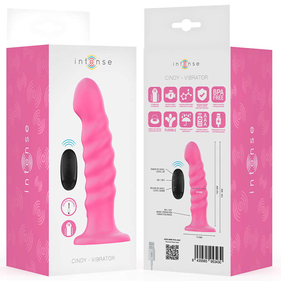 INTENS - CINDY VIBRATOR STØRRELSE L SPIRALDESIGN 10 VIBRATIONER LYSERØD FJERNBETJENING