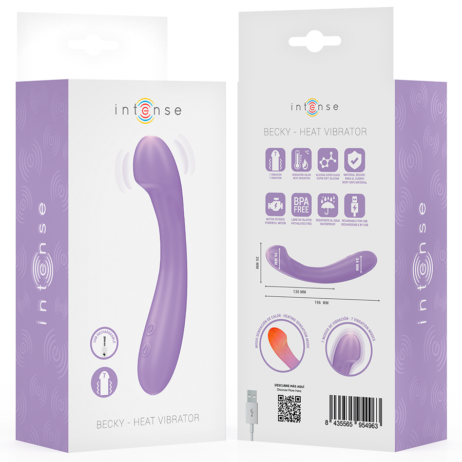 INTENSE - BECKY VIBRATOR 19 CM OPVARMET MED 7 VIBRATIONER, LILLA