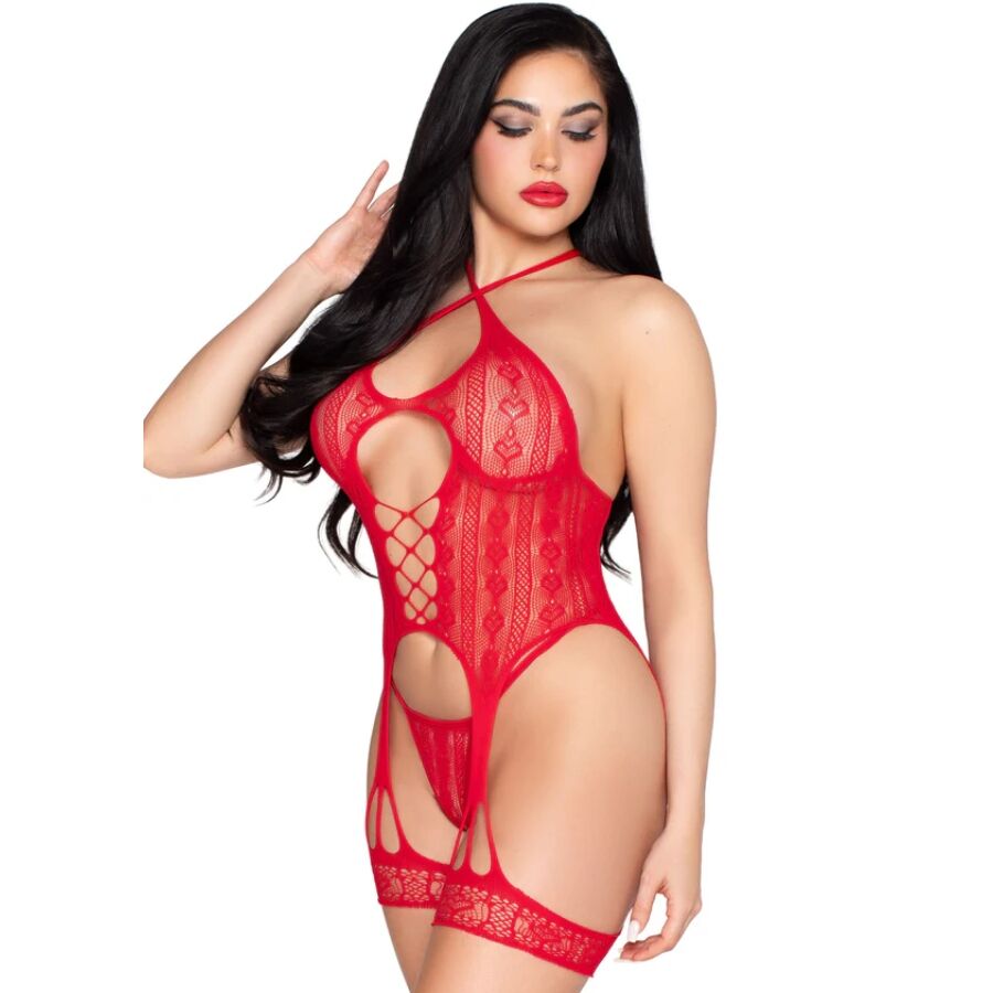 LEG AVENUE - 89338 ÅBEN BODYSUIT MED BLONDE MED HOLDEREBÆLTE + G-STRÅ RØD - ONE SIZE